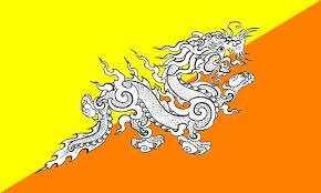 The national flag of Bhutan, bearing the Druk thunder dragon