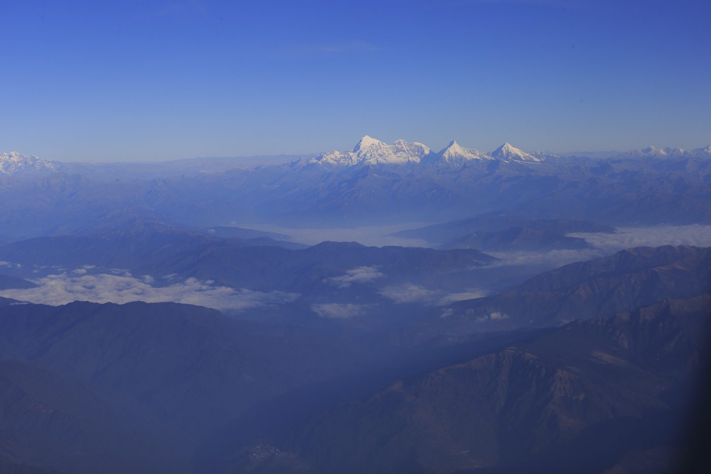 The Himalayan range seen from the flight into Bhutan